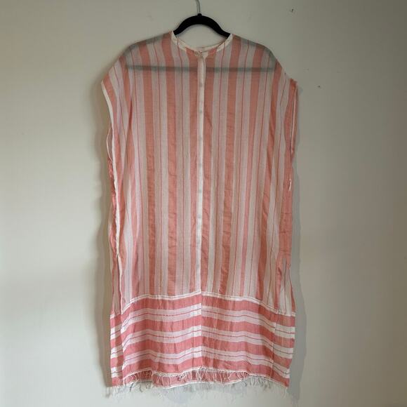 NWOT Lemlem Pink & White Striped Caftan – One Size, Snap Front, Fringe Hem - Picture 2 of 8